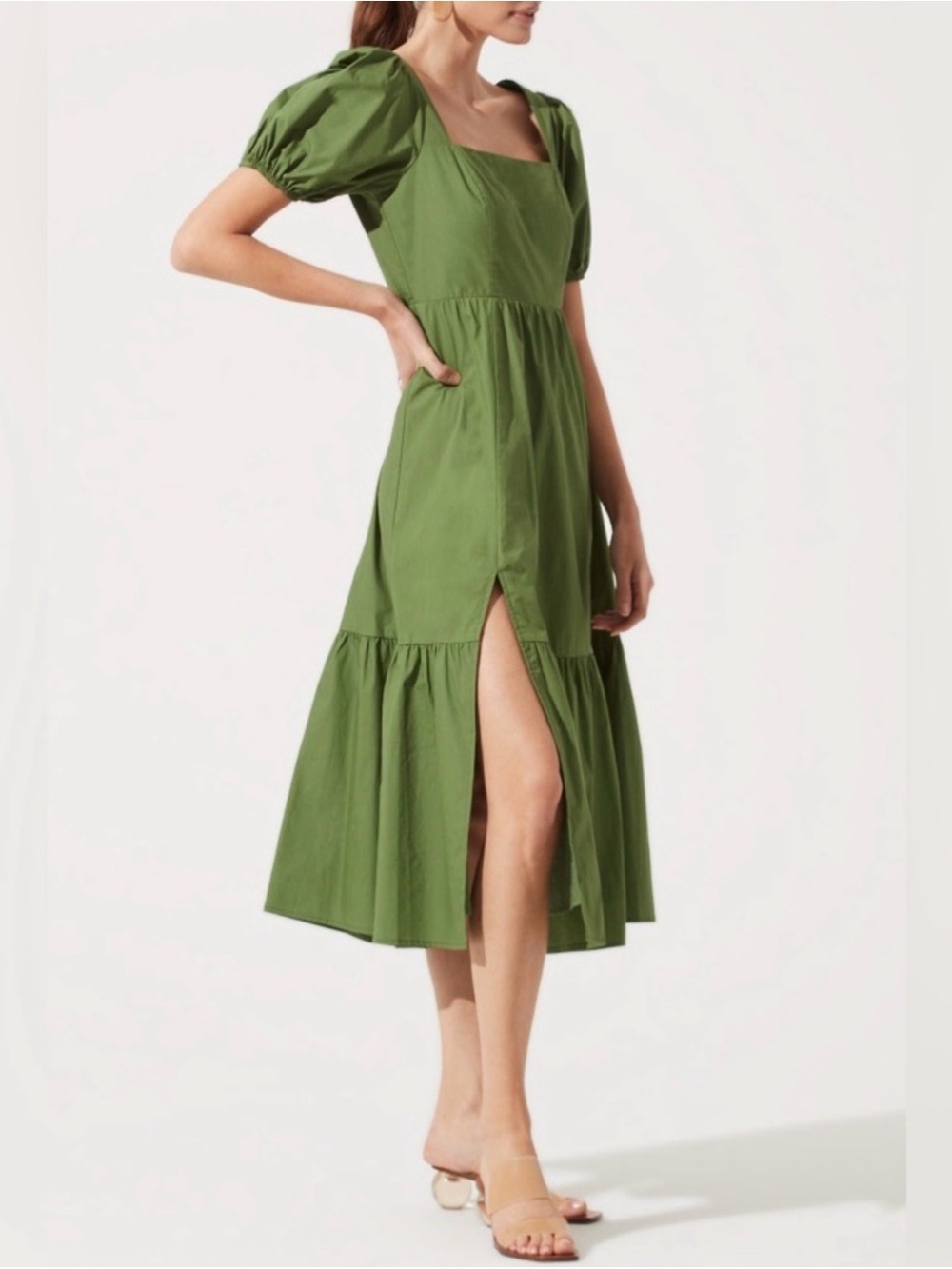 Astr Olive Green Puff-Sleeve Midi Dress with Front Slit